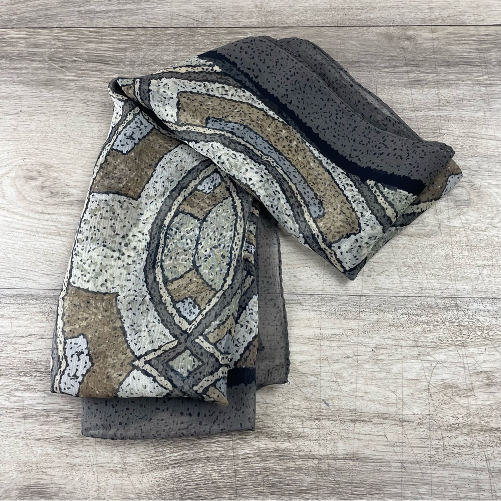 Long Perry Ellis Scarf Gray Brown Tan Geometric Shapes 16”x 66”